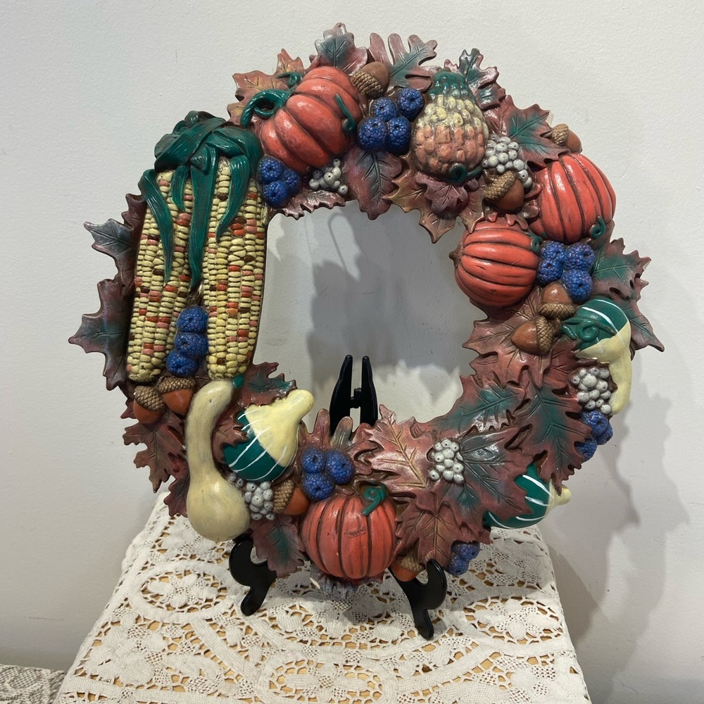 Vintage Ceramic Wreath Wall Plaque Fall Autumn Theme